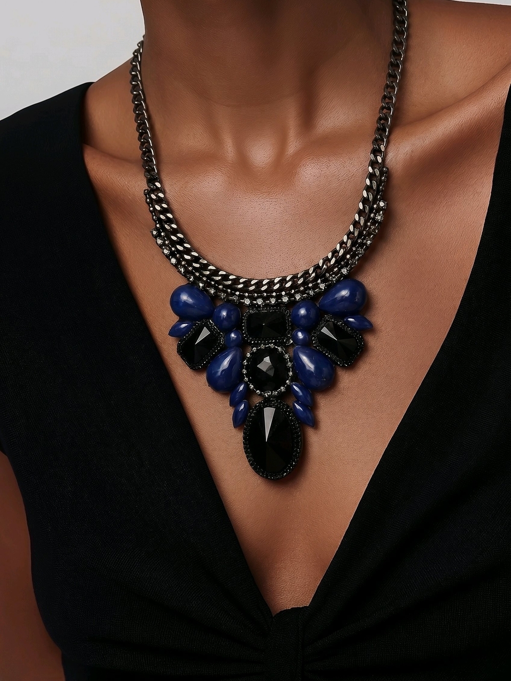 Statement Blue and Black Bib Necklace - Women Jewelry
